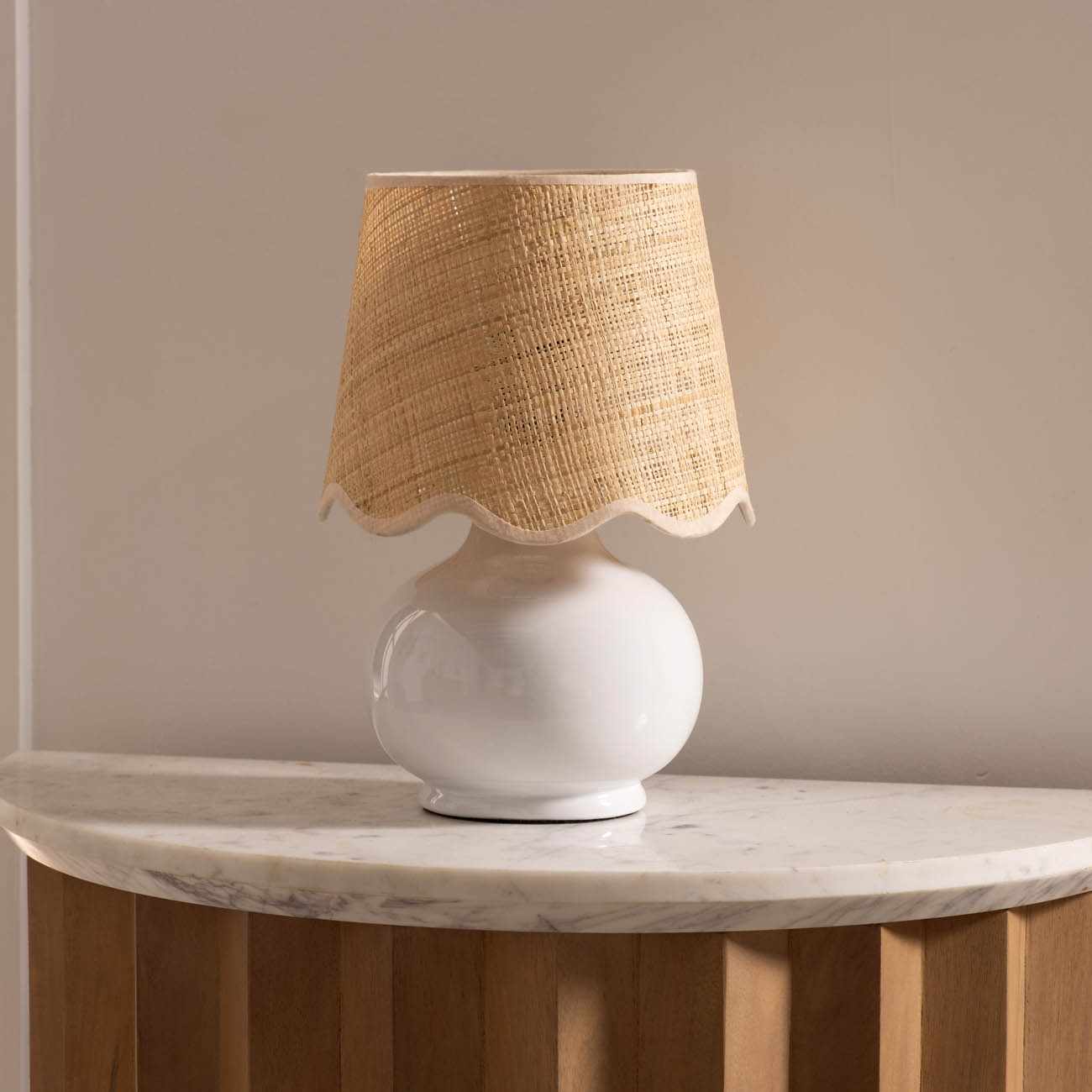 Logale white solid ceramic table lamp with beige cotton lampshade and a rocker switch