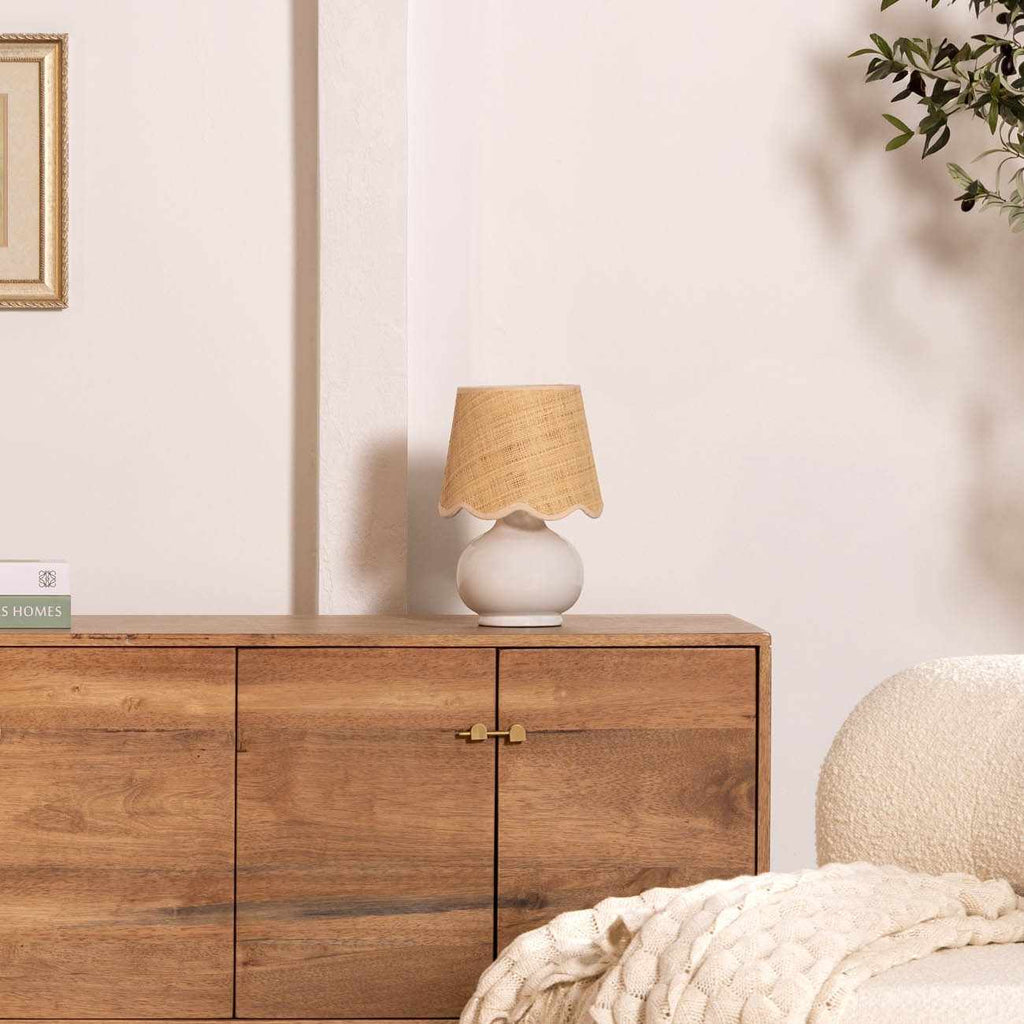 Logale white solid ceramic table lamp with beige cotton lampshade and a rocker switch — view 3