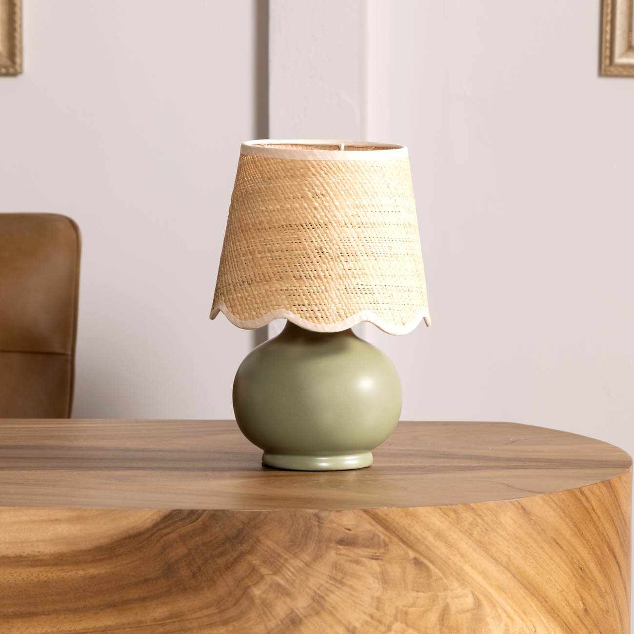 Green solid ceramic table lamp with a beige cotton shade for beautiful home accent lighting — view 5