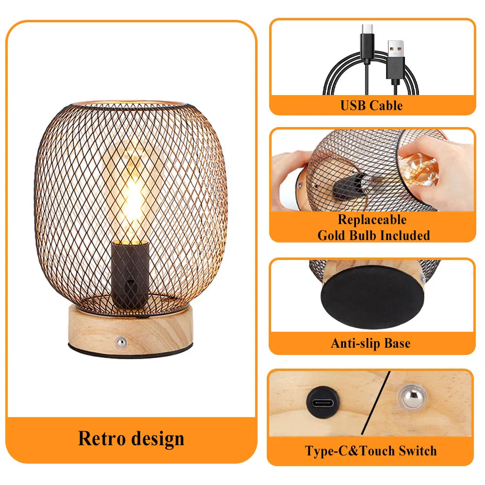 Bronze cage lantern style touch table lamp with wooden base and glowing golden LED bulb — view 4