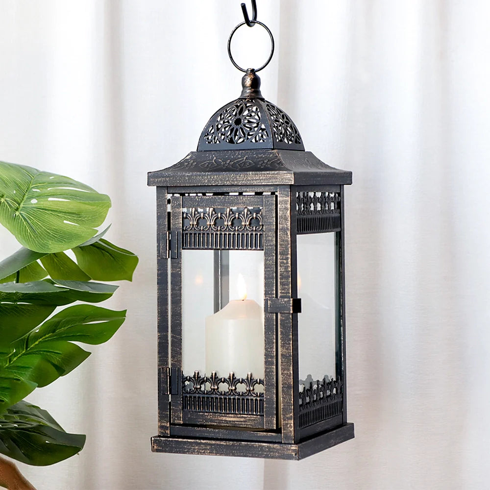 Vintage 14.5 inch black and gold distressed metal candle lantern with clear tempered glass panes — view 5