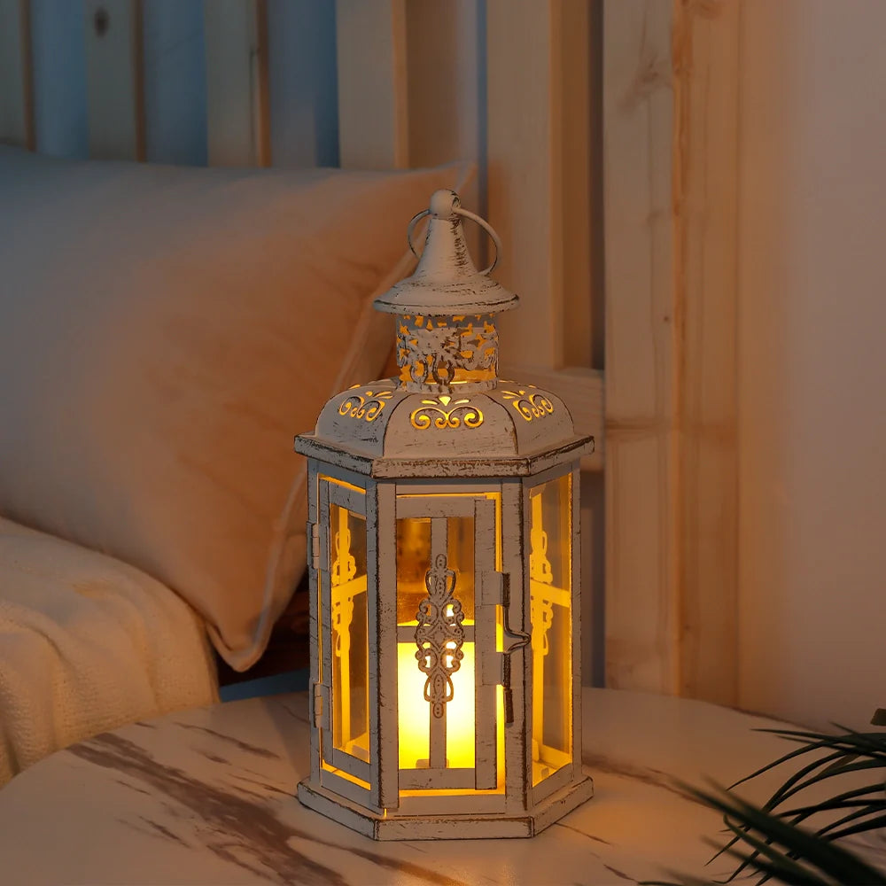 10 inch vintage style hanging metal candle lantern with clear tempered glass panes — view 3