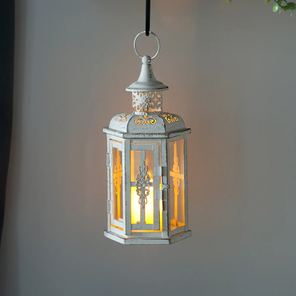 10 inch vintage style hanging metal candle lantern with clear tempered glass panes — view 2