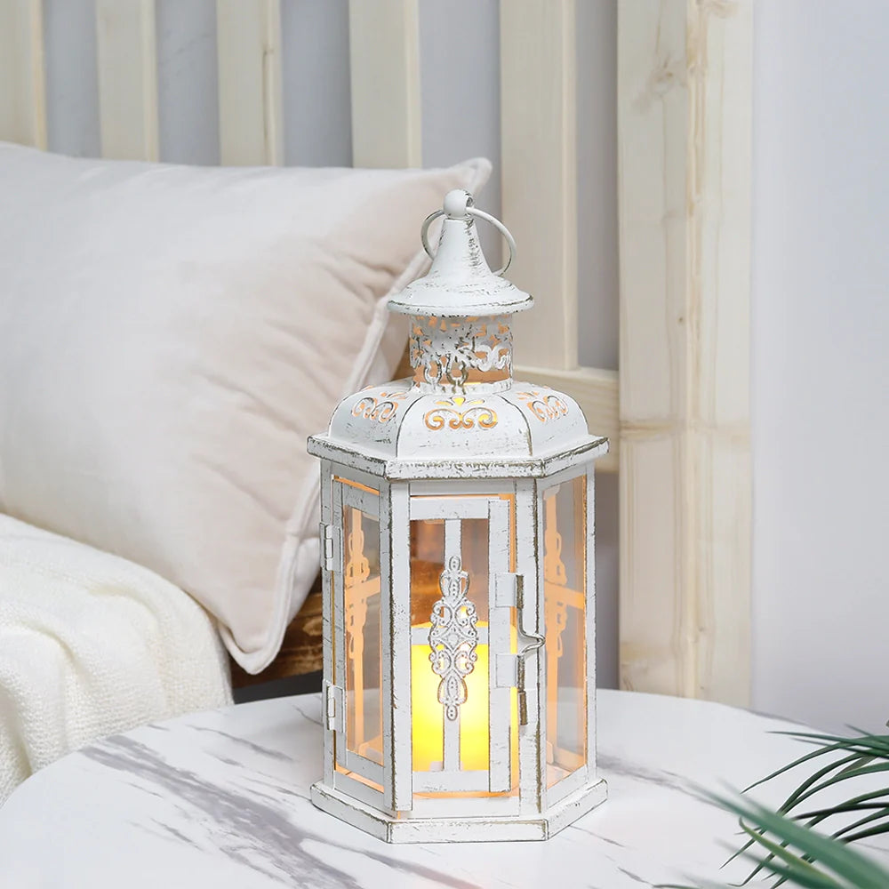 10 inch vintage style hanging metal candle lantern with clear tempered glass panes — view 5