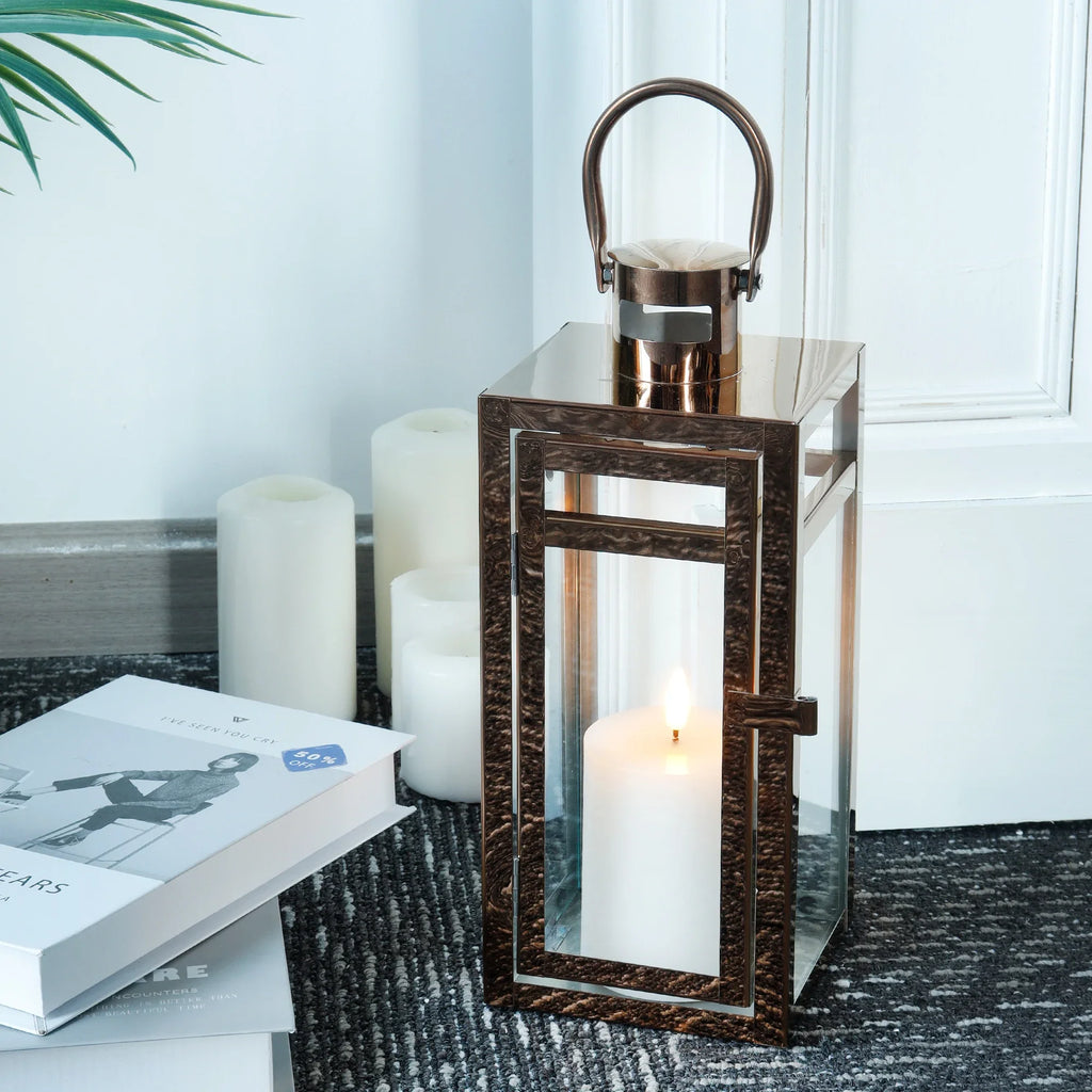 Rose gold decorative candle lantern, 12-inch metal and glass frame with top hanging ring — view 3