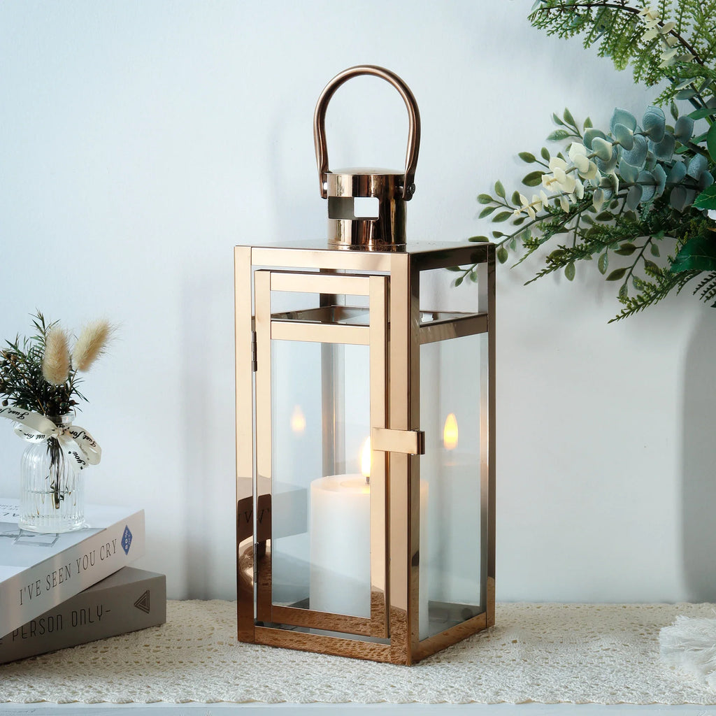 Rose gold decorative candle lantern, 12-inch metal and glass frame with top hanging ring — view 4