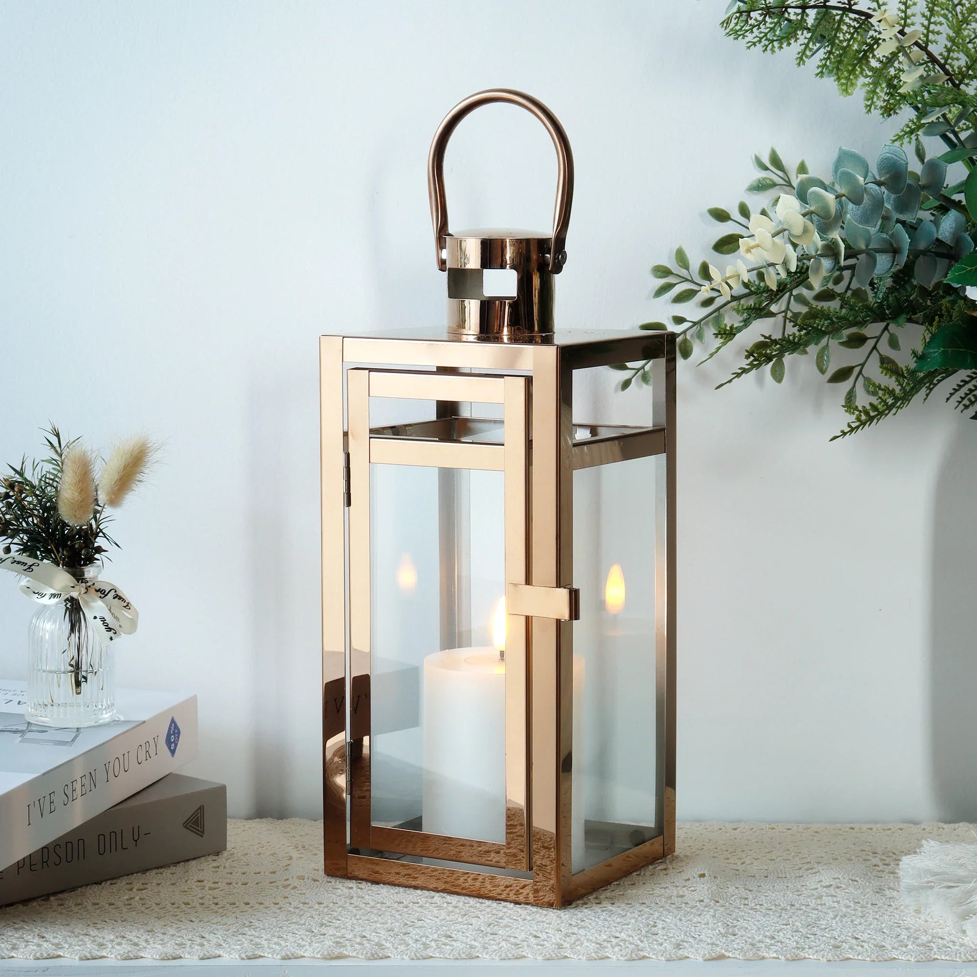 Rose gold decorative candle lantern, 12-inch metal and glass frame with top hanging ring — view 4