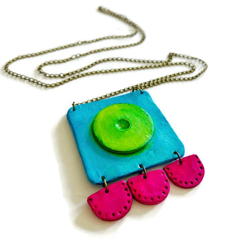 Large Neon Geometric Pendant Necklace, Handmade Polymer Clay, Post or Clip On Set-0