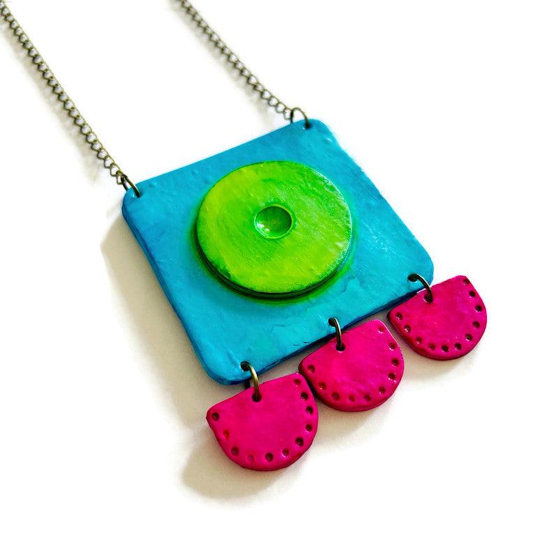 Large Neon Geometric Pendant Necklace, Handmade Polymer Clay, Post or Clip On Set-3