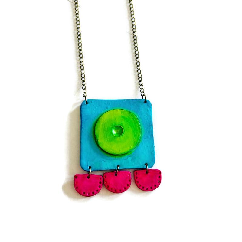 Large Neon Geometric Pendant Necklace, Handmade Polymer Clay, Post or Clip On Set-4