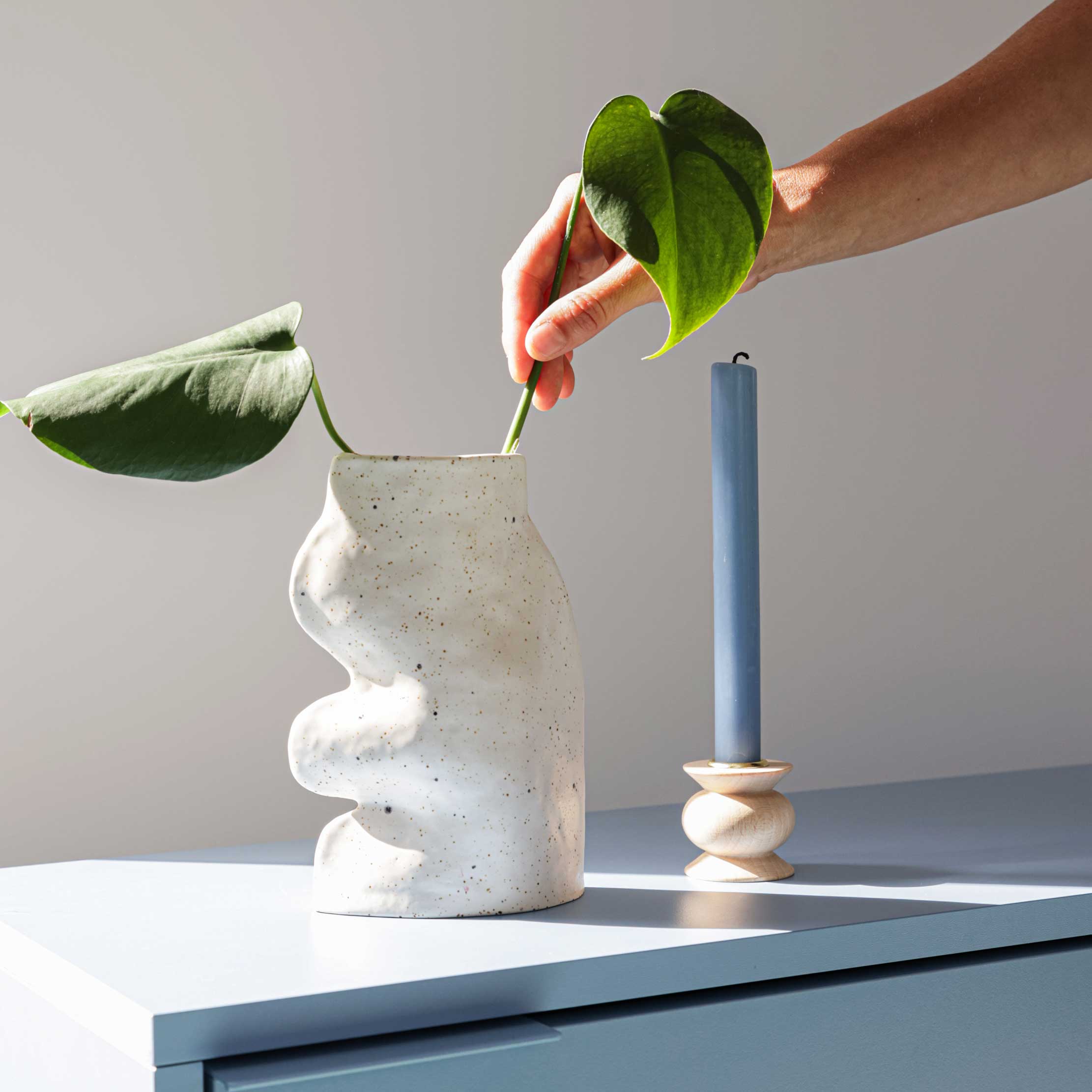 Large white handmade Fluxo ceramic vase with flowing organic lines and a matte finish. — view 3