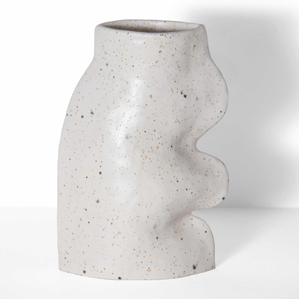 Large white handmade Fluxo ceramic vase with flowing organic lines and a matte finish.