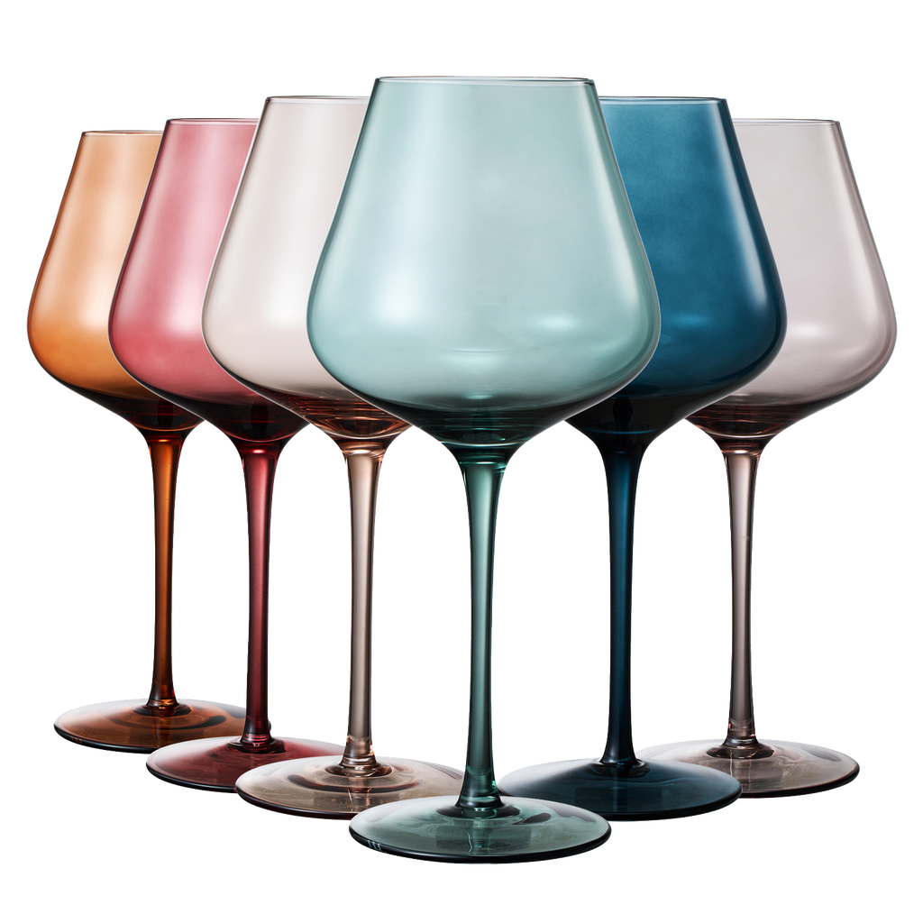 Six pastel colored crystal 20oz wine glasses featuring elegant stems in various muted tones