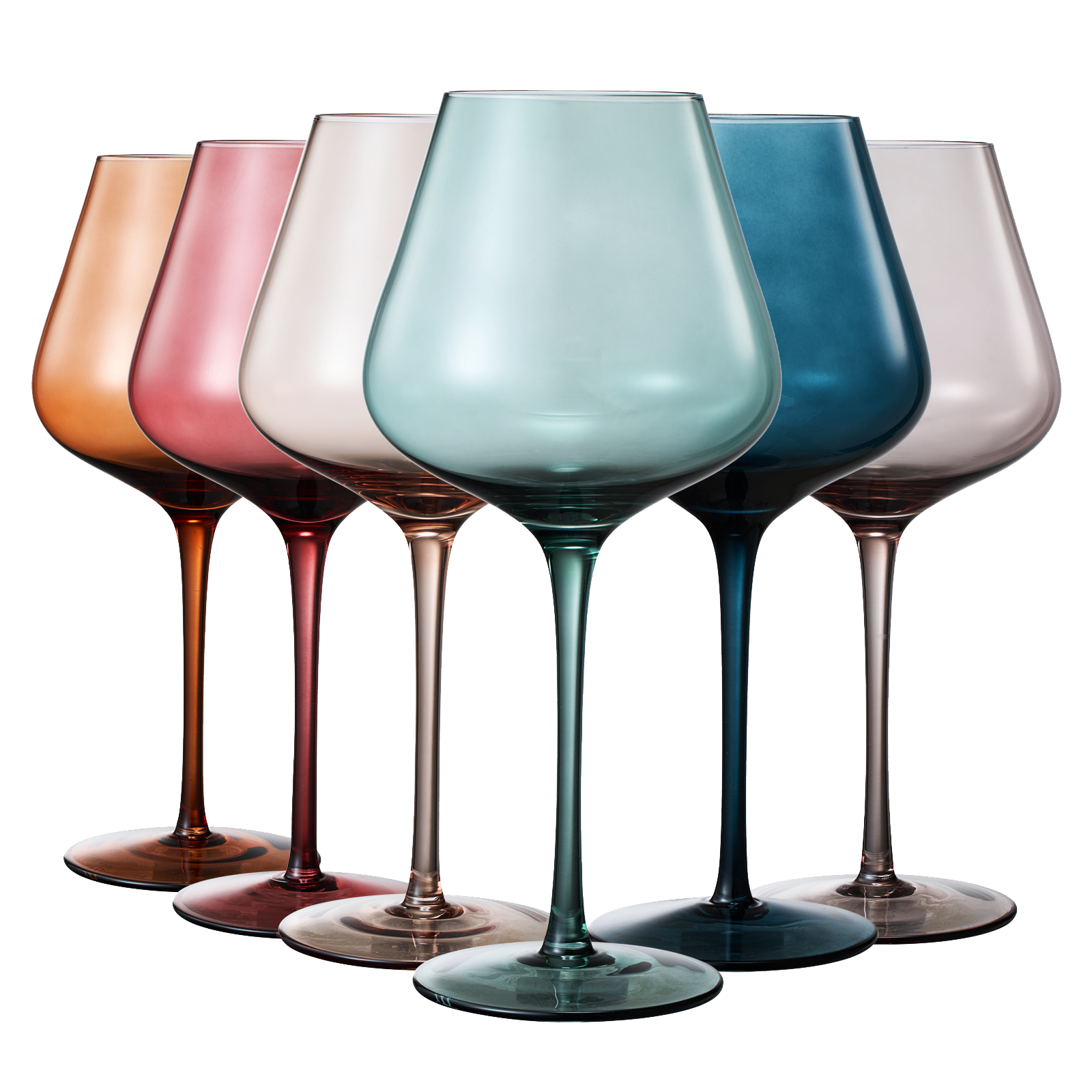 Six pastel colored crystal 20oz wine glasses featuring elegant stems in various muted tones