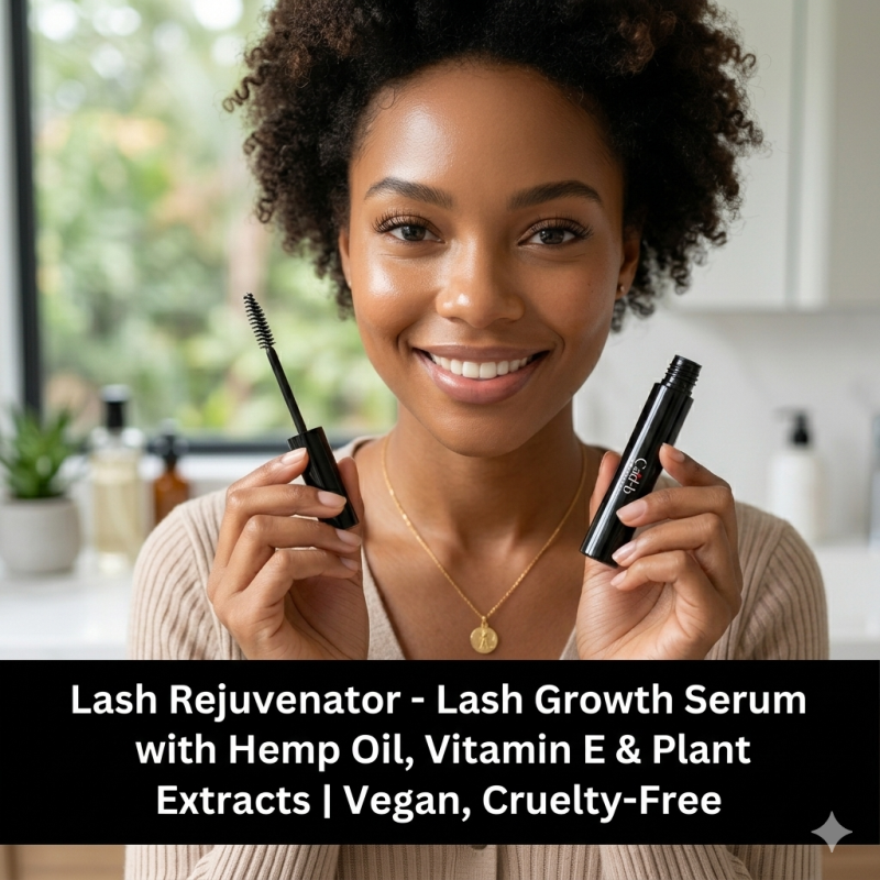 Vegan lash rejuvenator serum bottle with mascara wand applicator, enriched with natural hemp oil. — view 2