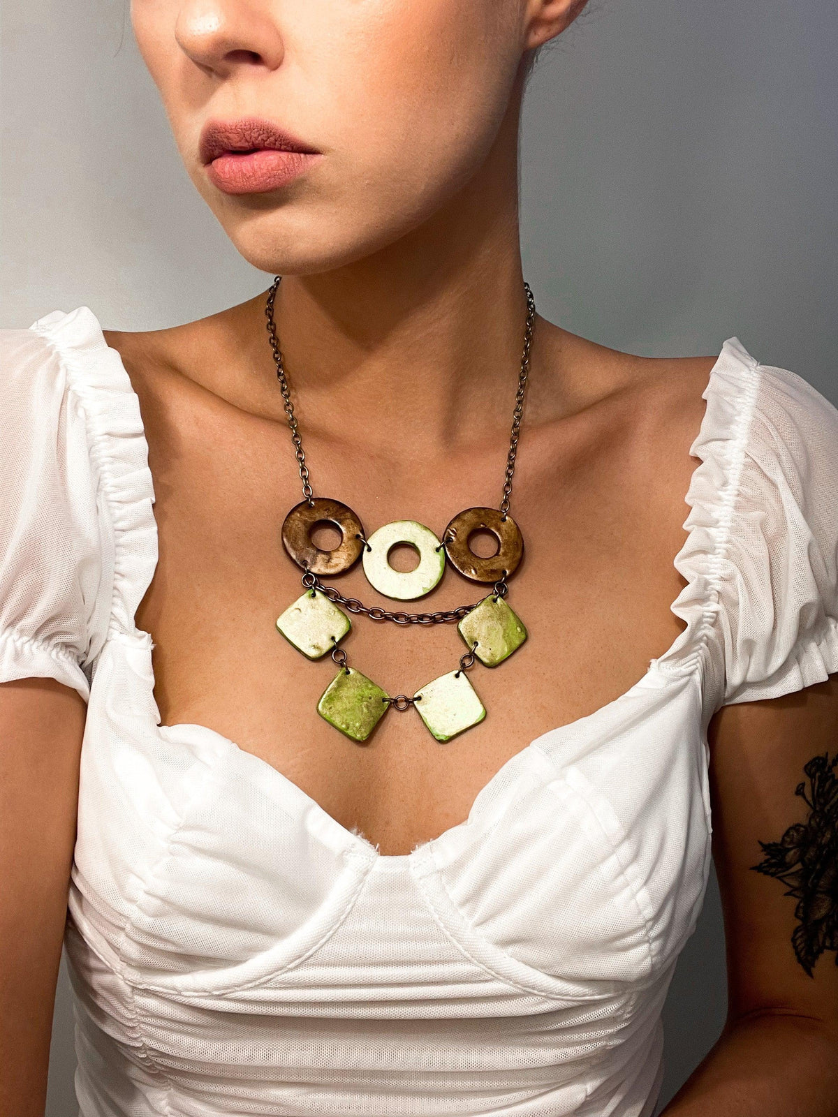 Layered Statement Necklace, Chartreuse Green, Bronze & Gold-0