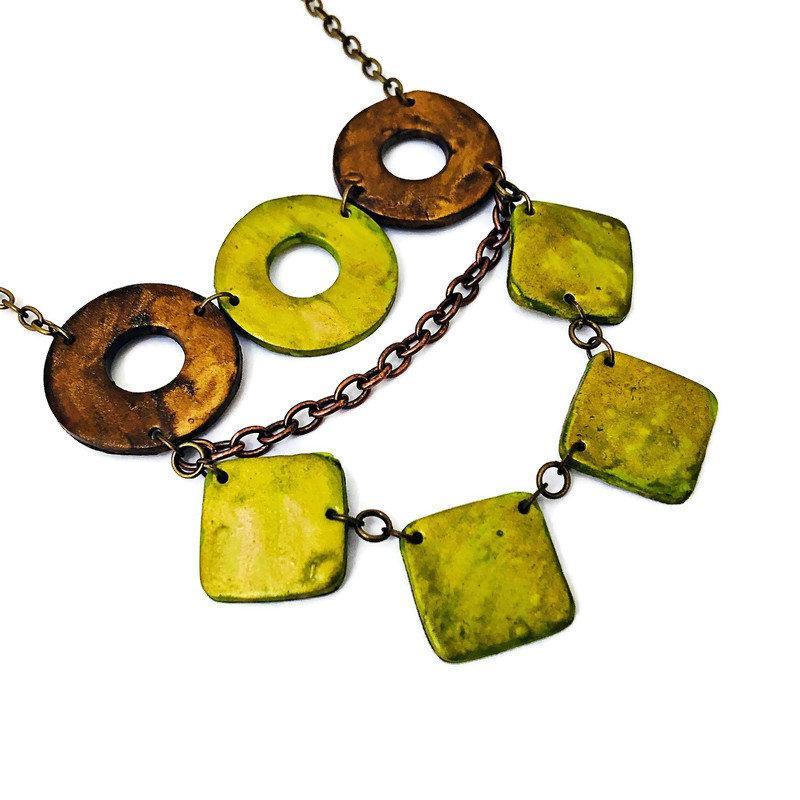 Layered Statement Necklace, Chartreuse Green, Bronze & Gold-1