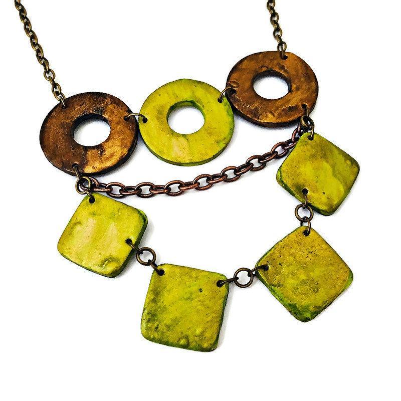 Layered Statement Necklace, Chartreuse Green, Bronze & Gold-2