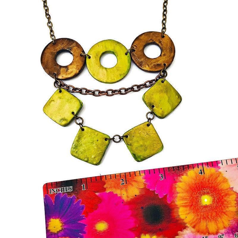 Layered Statement Necklace, Chartreuse Green, Bronze & Gold-3