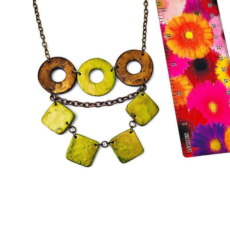 Layered Statement Necklace, Chartreuse Green, Bronze & Gold-4