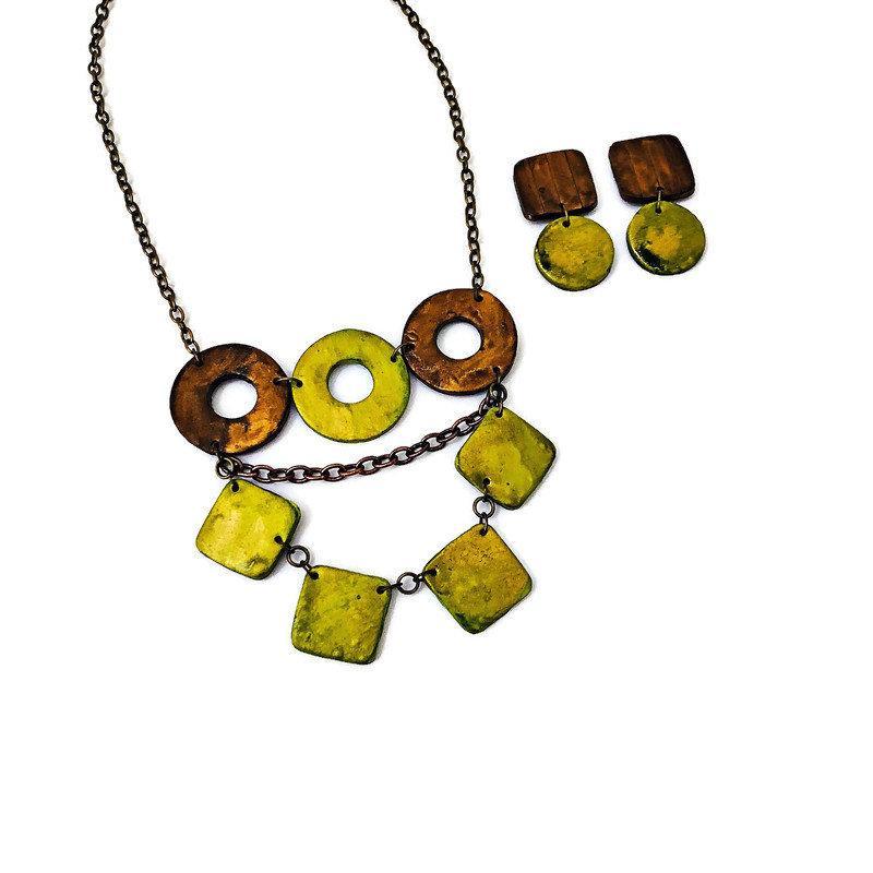 Layered Statement Necklace, Chartreuse Green, Bronze & Gold-5