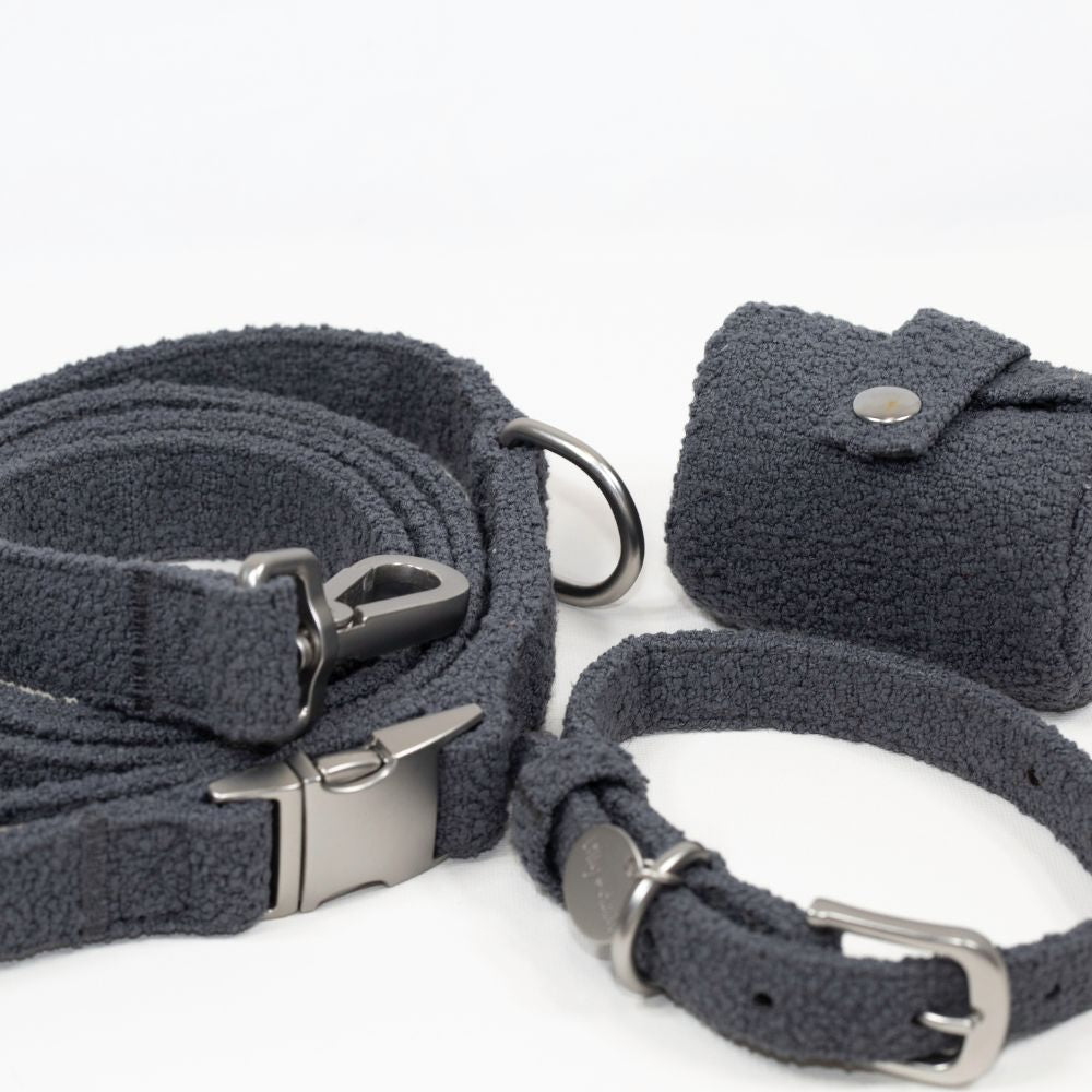 Boucle dog collar in soft textured polyester with metal hardware and engravable ID tag attached — view 4