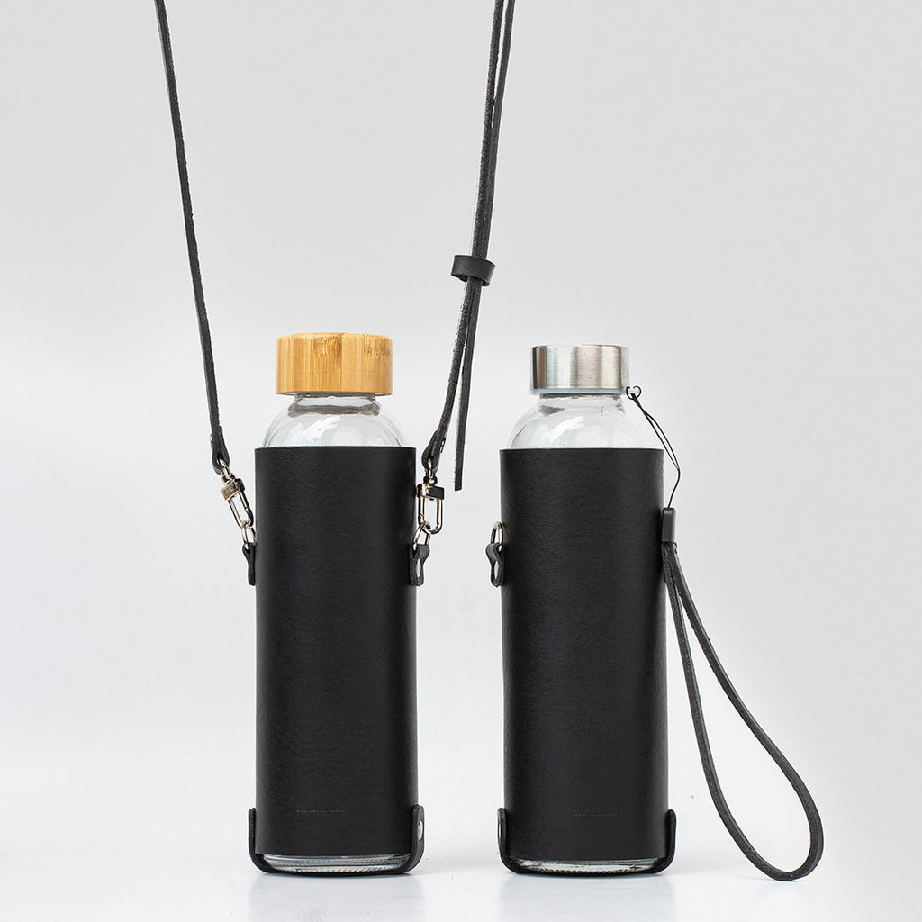 Leather water bottle holder with strap and glass bottle-0