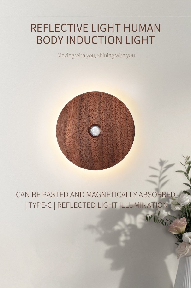 Rechargeable motion sensor night light mounted on a wall casting a warm ambient glow