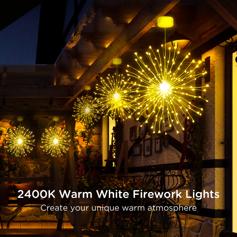 Warm white firework string lights arranged in a glowing starburst shape with flexible copper wire branches — view 4