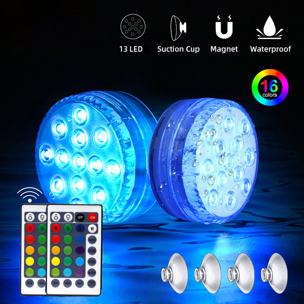 Submersible LED light with color-changing LEDs, remote control, and suction cups for pool and aquarium