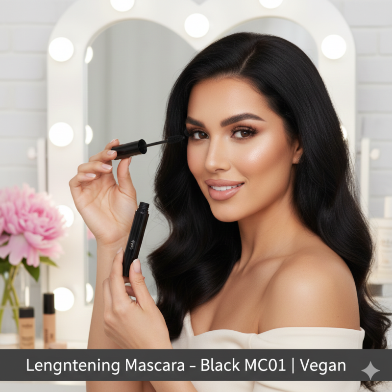 Black lengthening mascara tube and applicator brush with creamy smudge-proof vegan makeup formula — view 2