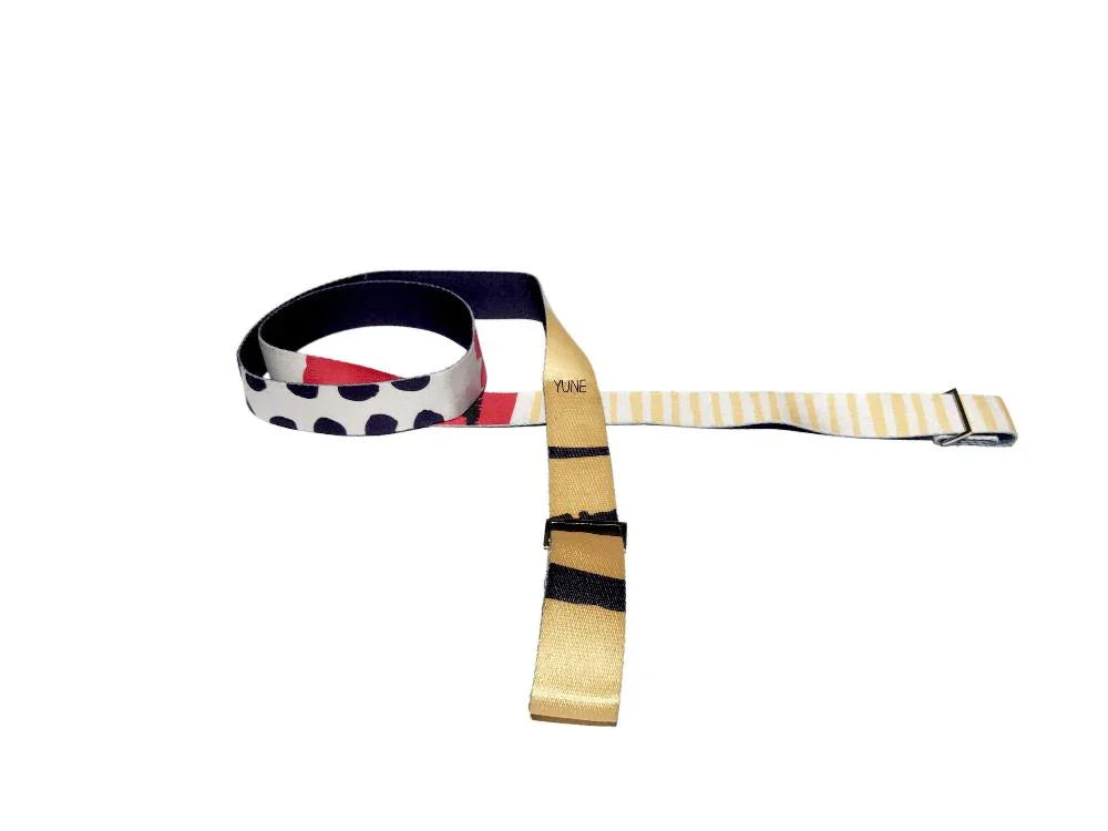 Leo yoga strap in yellow leopard print, 8-foot organic cotton mat carrier with metal buckles