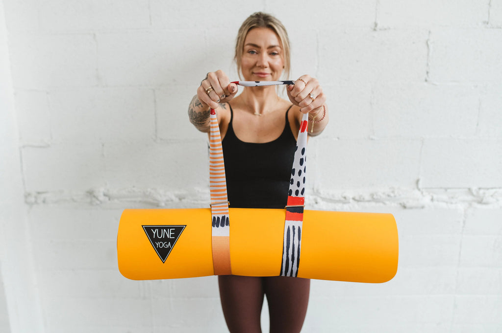 Leo yoga strap in yellow leopard print, 8-foot organic cotton mat carrier with metal buckles — view 2