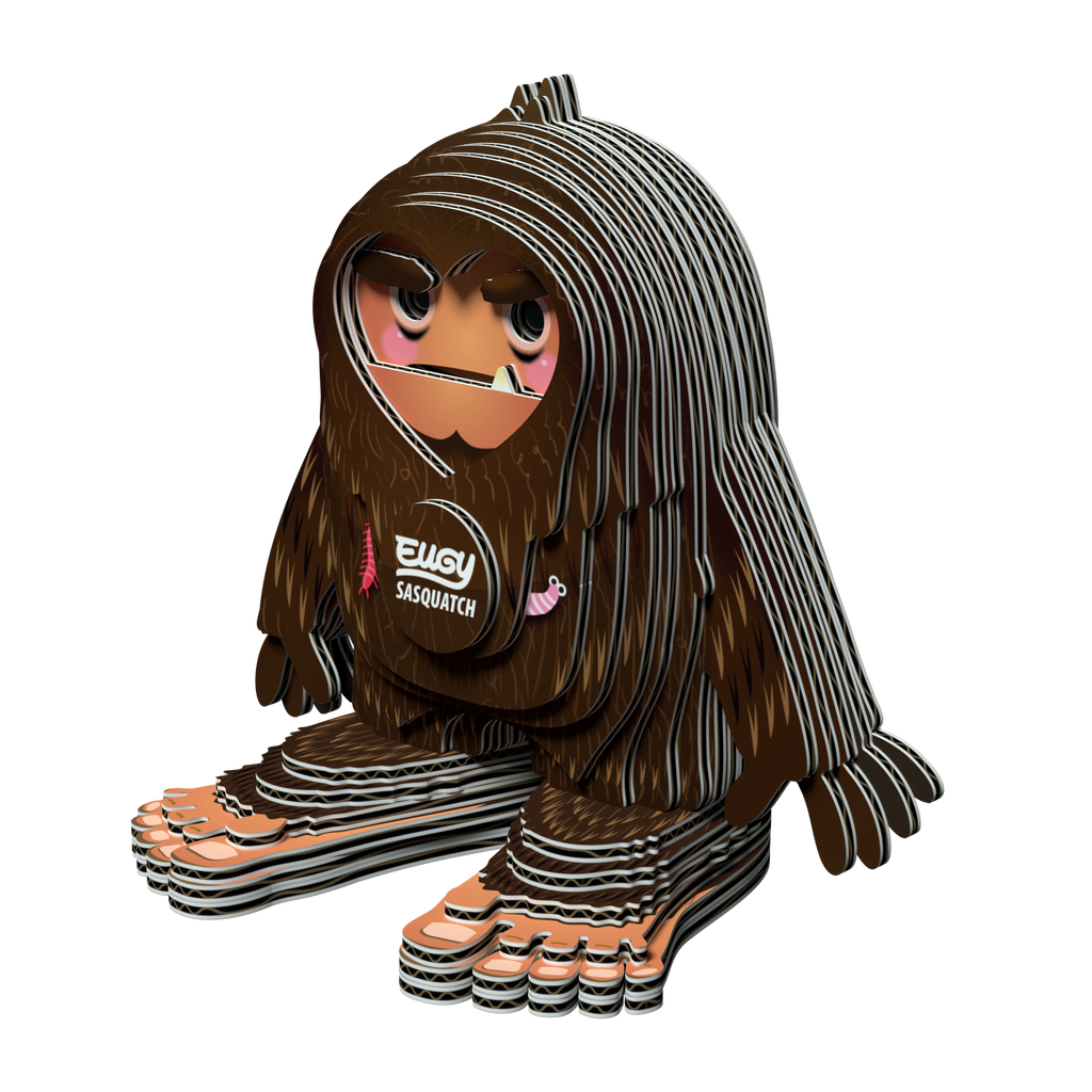 EUGY Sasquatch 3D puzzle made of brown cardboard with large feet and a grumpy face — view 4