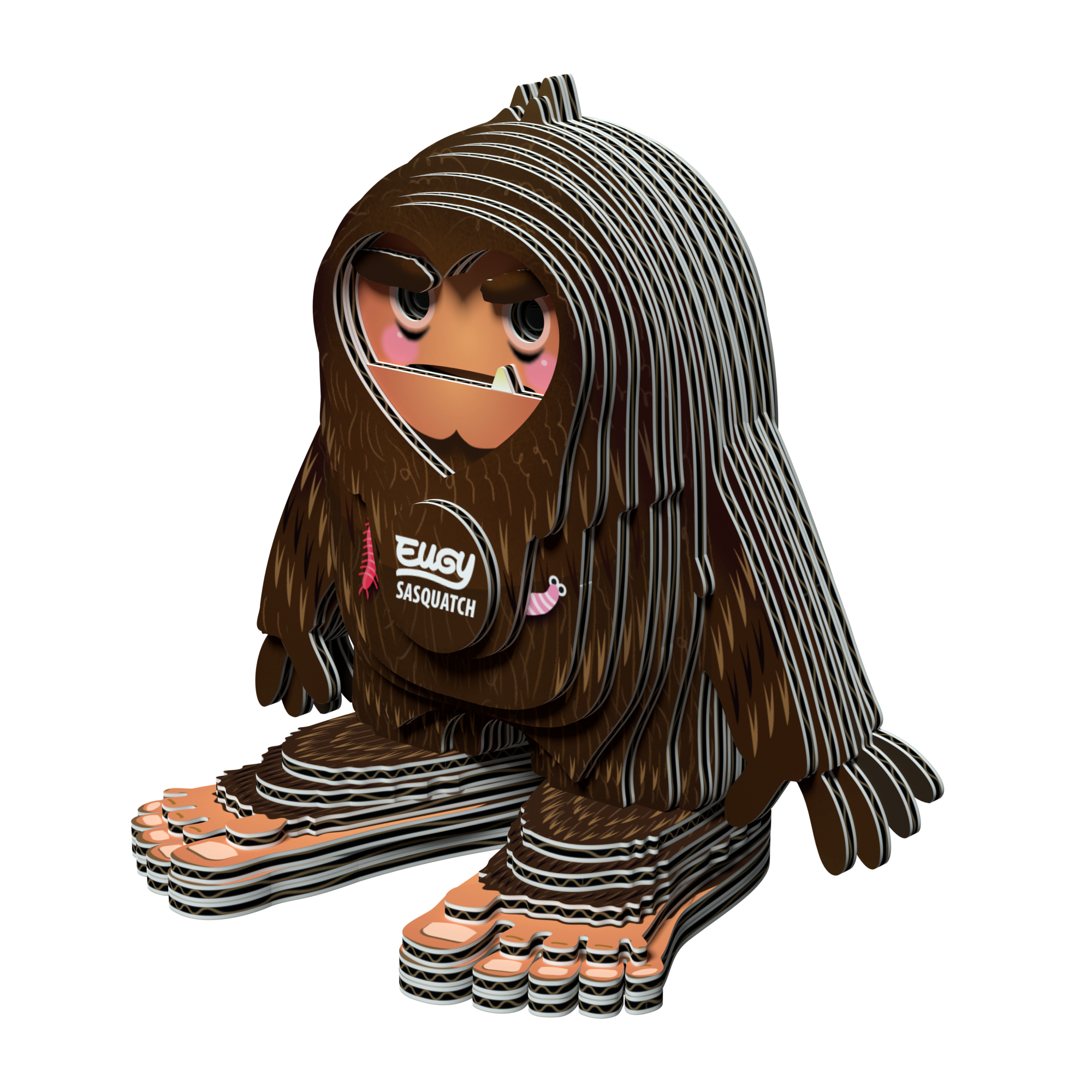 EUGY Sasquatch 3D puzzle made of brown cardboard with large feet and a grumpy face — view 4