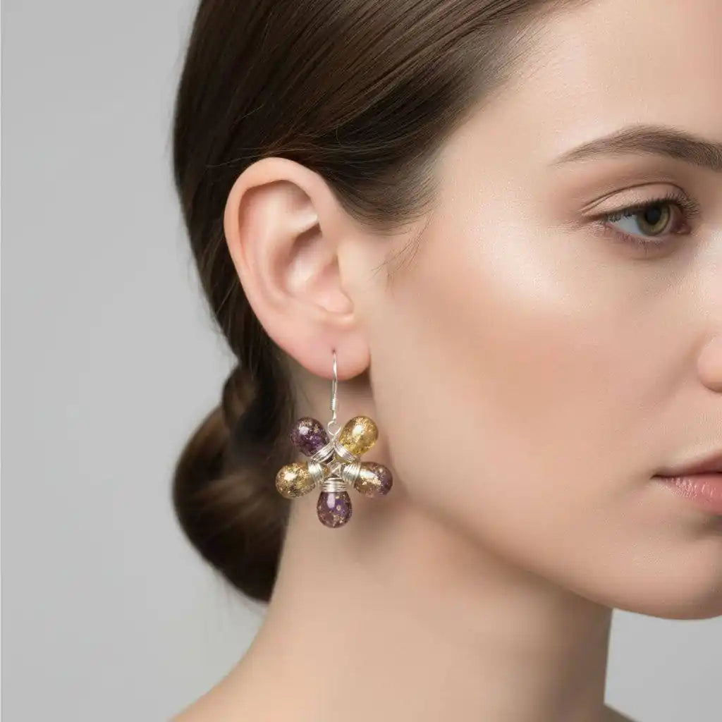 Purple and Yellow Flower Sterling Silver Earrings-1