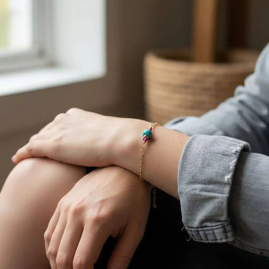 14K Gold Filled Pink and Turquoise Gemstone Dainty Bracelet-1
