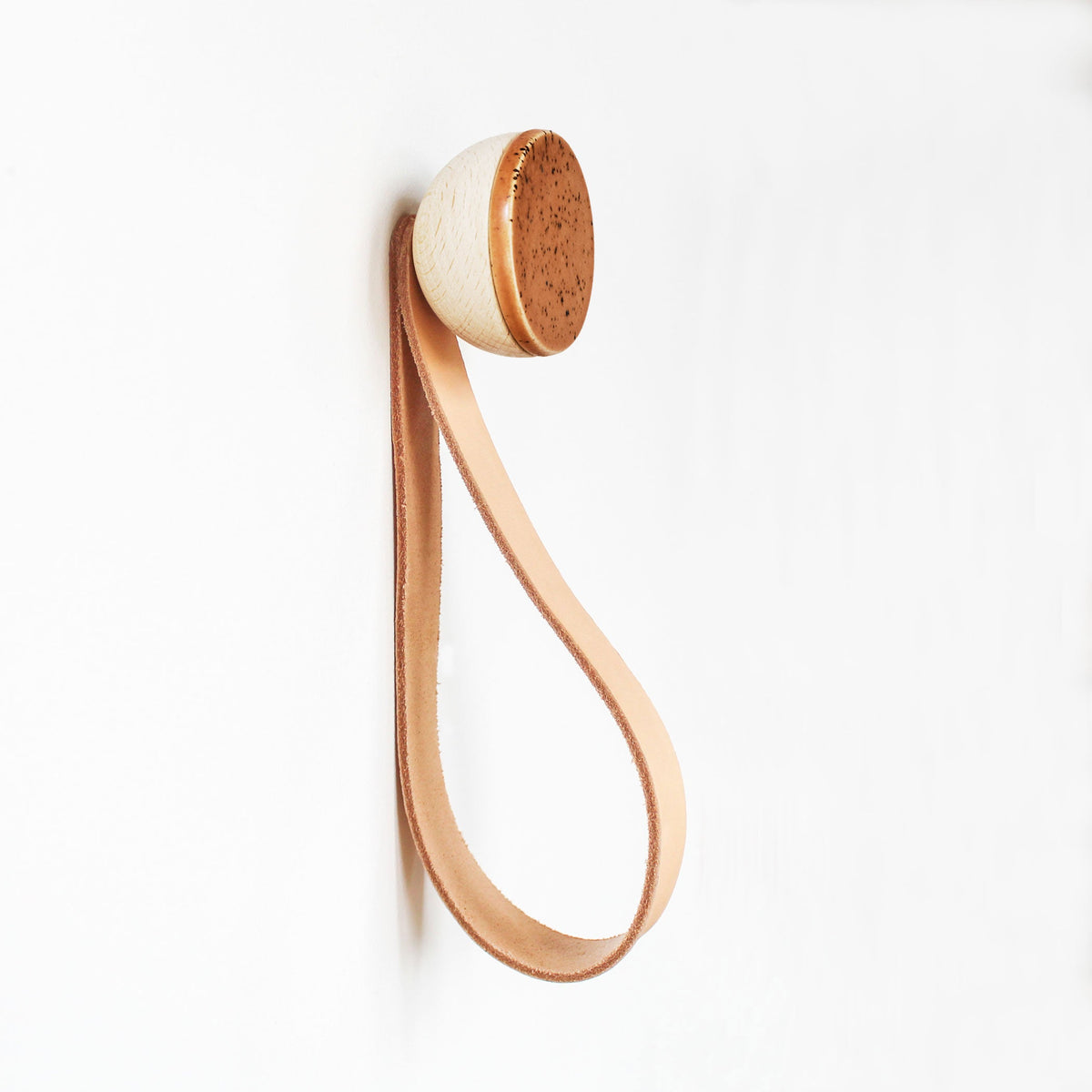 Round Beech Wood & Ceramic Wall Mounted Coat Hook / Hanger with Leather Strap - Terracotta Orange Specks-0