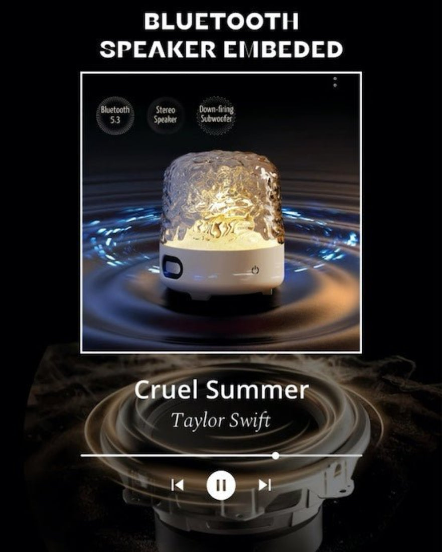 Ambient light projector and bluetooth stereo speaker displaying vibrant aurora colors and water ripples — view 2