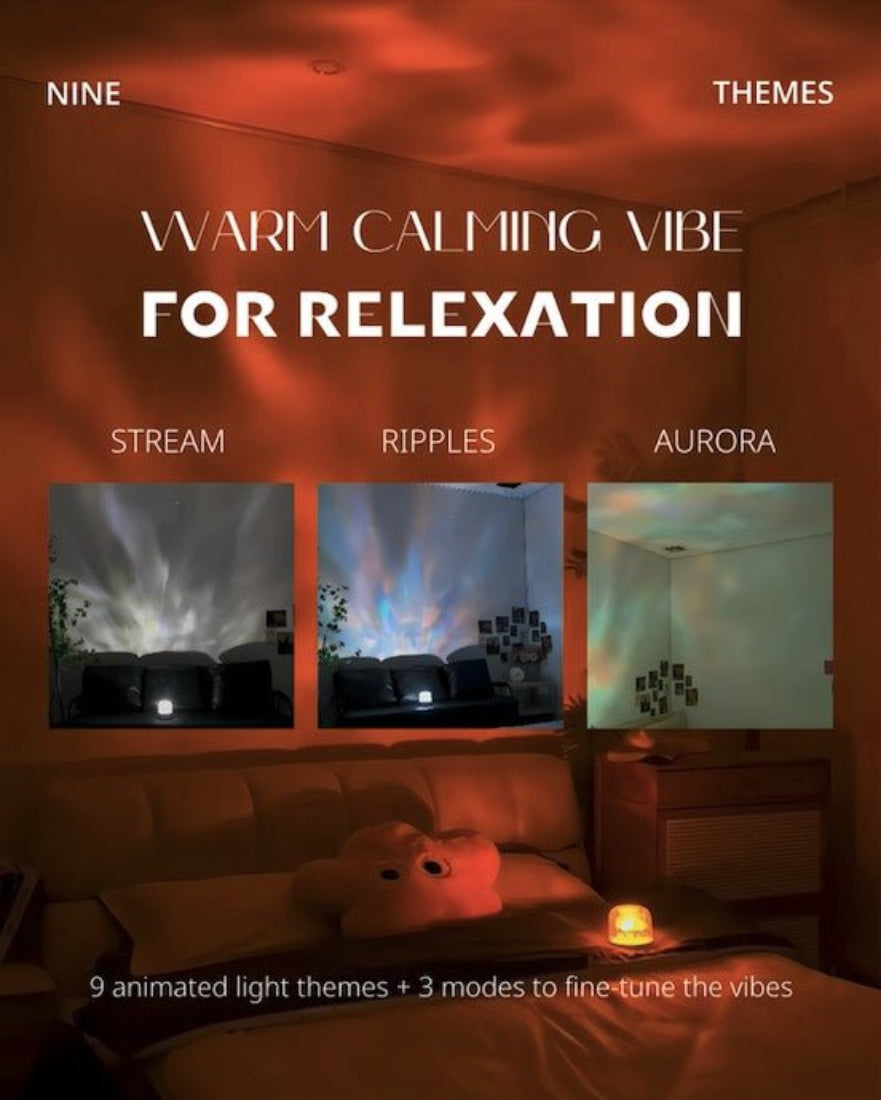 Ambient light projector and bluetooth stereo speaker displaying vibrant aurora colors and water ripples — view 3