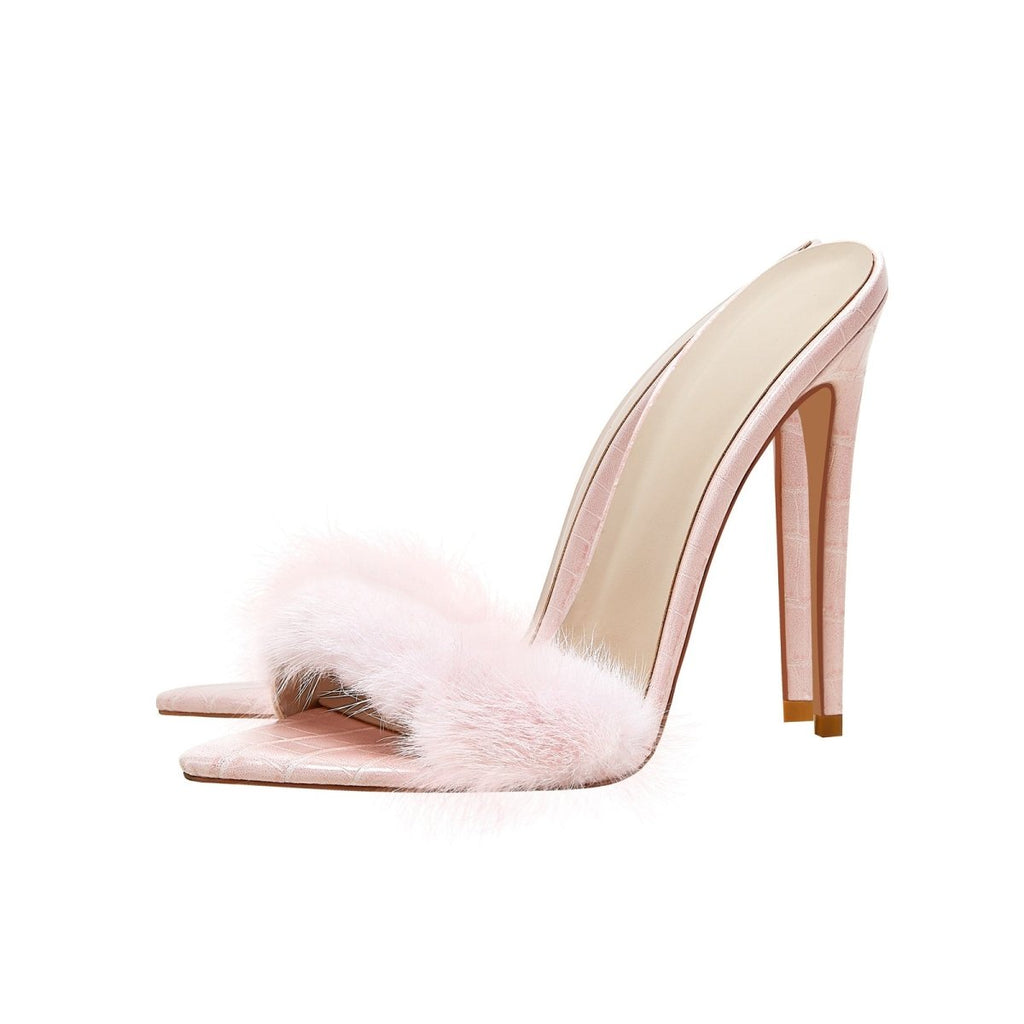Lightweight fluffy pink heels featuring faux fur straps pointed toe and tall sleek stiletto heel — view 4