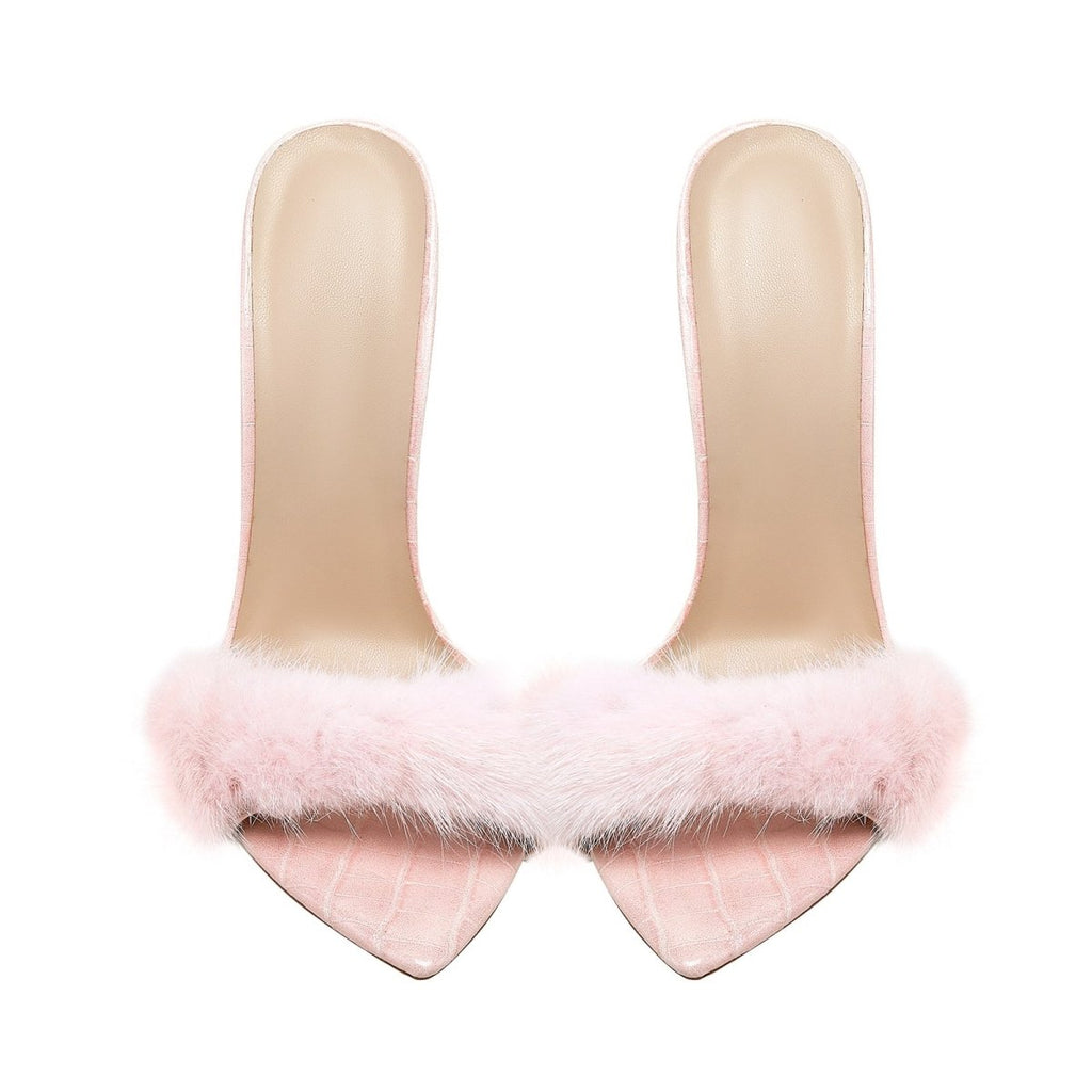 Lightweight fluffy pink heels featuring faux fur straps pointed toe and tall sleek stiletto heel — view 5