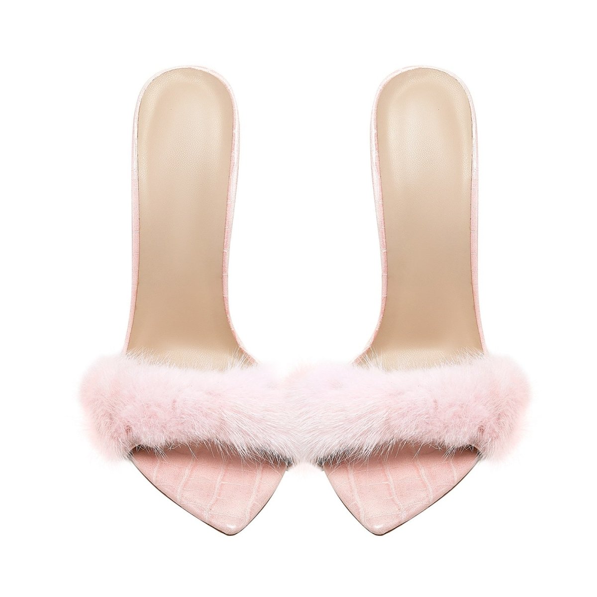 Lightweight fluffy pink heels featuring faux fur straps pointed toe and tall sleek stiletto heel — view 5