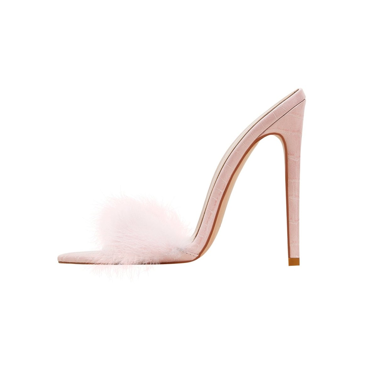 Lightweight fluffy pink heels featuring faux fur straps pointed toe and tall sleek stiletto heel — view 2
