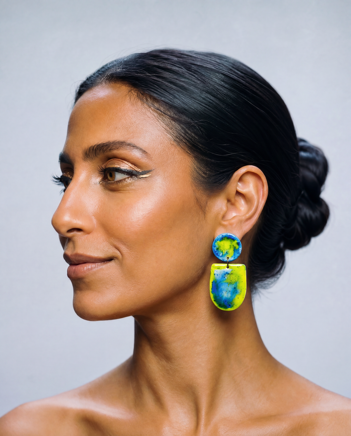 Fluid Art Statement Earrings in Lime Green & Blue-0