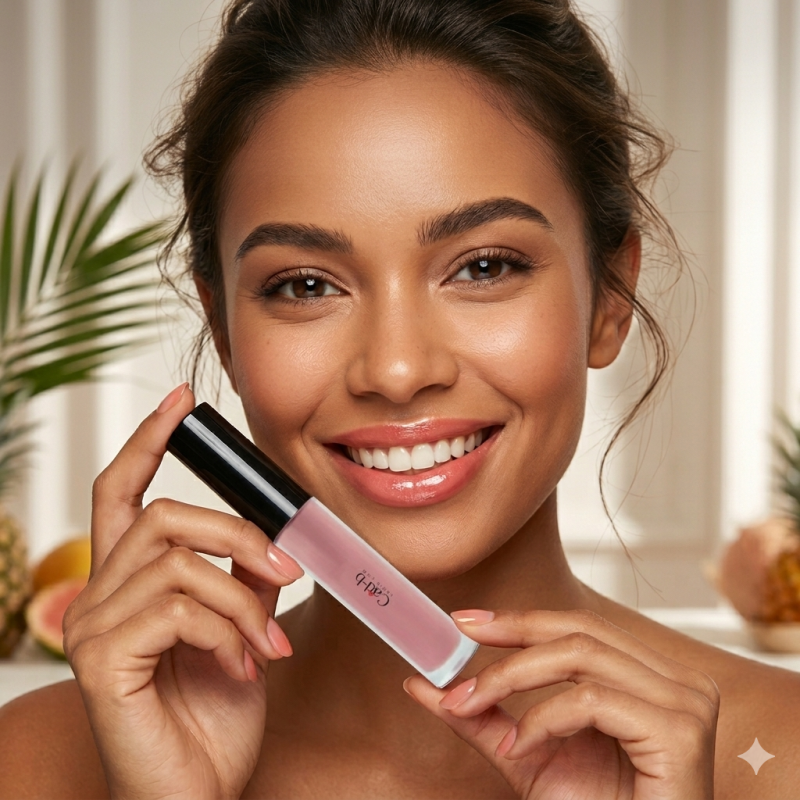 Tropical coral pink lip gloss tube with doe foot applicator and luminous sheer shimmer. — view 2