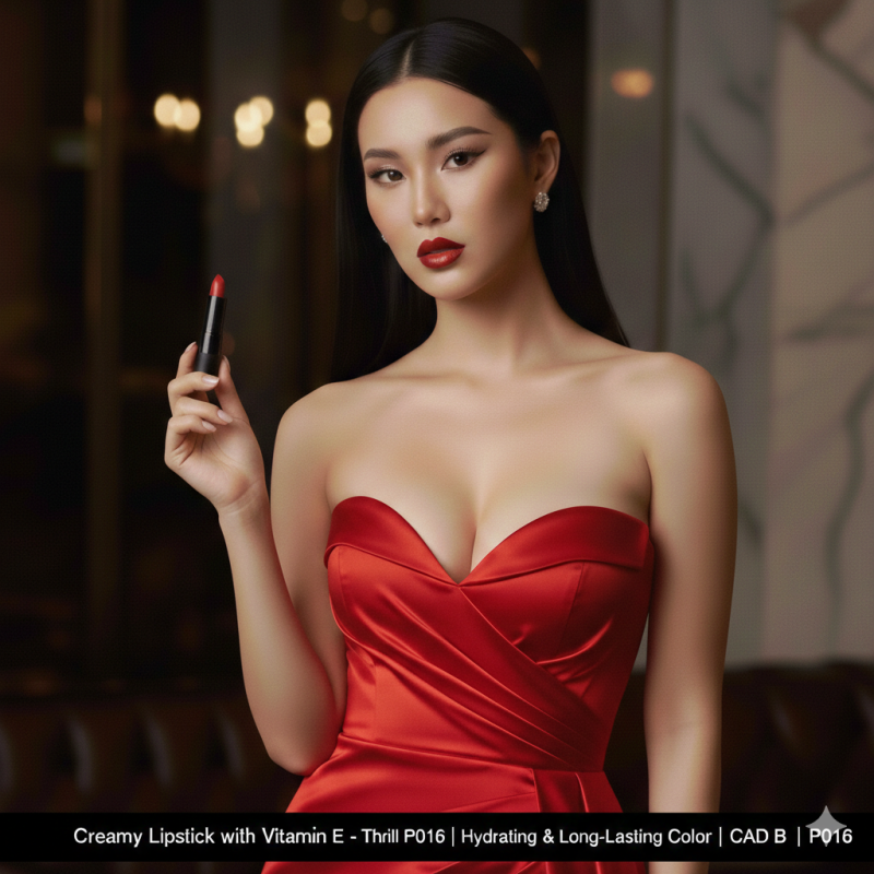 Creamy hydrating lipstick tube in shade Thrill P016 showing rich vibrant color and elegant packaging — view 2
