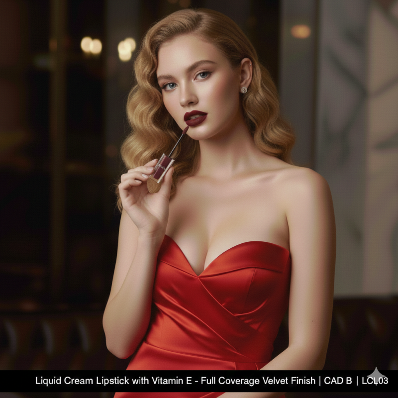 Vegan liquid cream lipstick tube with applicator, showing rich full-coverage color and velvet finish. — view 2