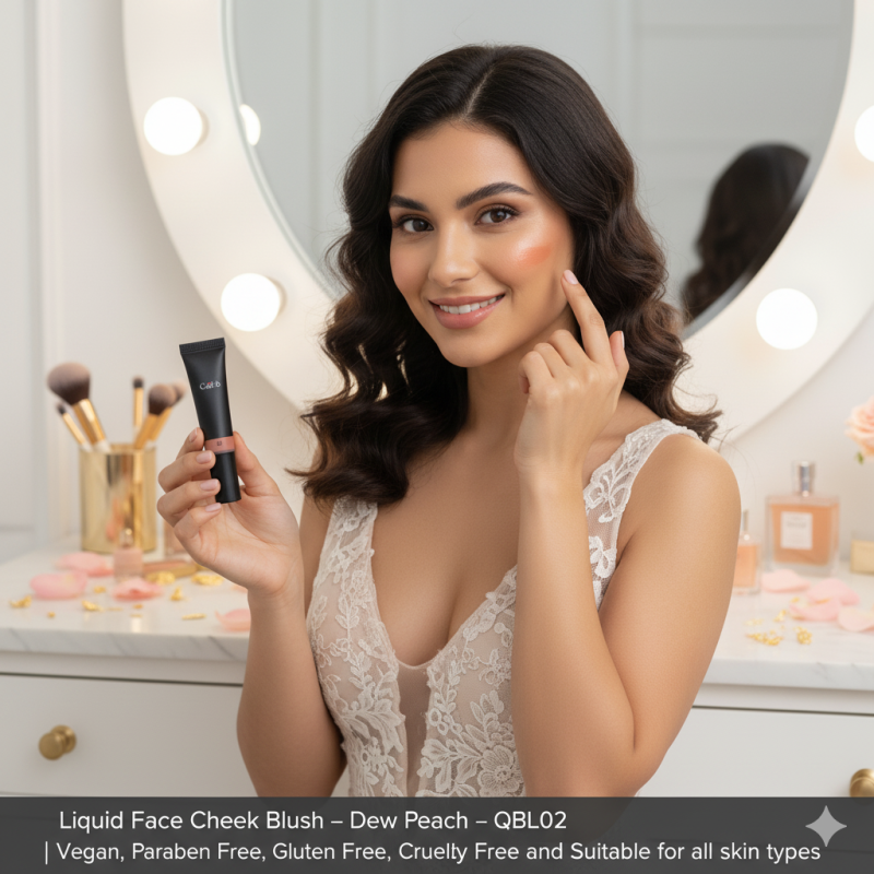 Dew Peach liquid face cheek blush tube, vegan and cruelty-free makeup with a radiant finish