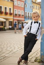 Wyatt kids barn wedding 4-piece set with white shirt, sand suspenders, bow tie, and trousers — view 4